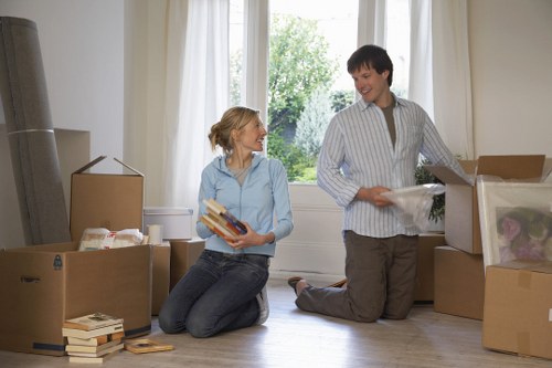Business relocation boxes and furniture prepared for a Dartmouthpark move