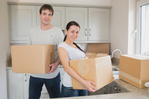 Packed office furniture and equipment ready for transport