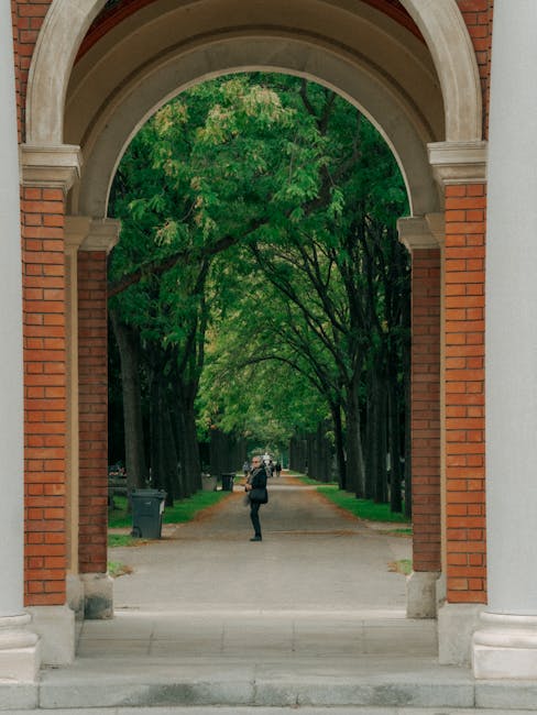 View through a large brick archway leading to a tree-lined pathway with lush green foliage. A person dressed in dark clothing, carrying a backpack, stands in the middle of the pathway, which is covered with a mixture of gravel and dirt. The pathway extends into the distance, flanked by evenly spaced mature trees with dense canopy. On either side at the start of the pathway, there are two black rubbish bins. The scene suggests a quiet park or residential area, suitable for walking or outdoor activities. The brick archway frames the scene, and the lighting indicates a cloudy or overcast day, contributing to a calm and neutral atmosphere. This setting can be associated with property surroundings where home relocation or moving logistics, such as the loading and unloading of furniture or boxes, might occur, resonating with the services offered by Man with Van Dartmouth Park.