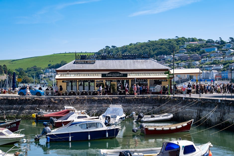 View of a marina with several small motorboats docked along the quay, some covered with tarps or protective covers. Behind the boats, there is a stone wall separating the water from a promenade busy with pedestrians, some walking and others waiting in line outside a café or restaurant named 'Embankment'. The establishment has an outdoor seating area with tables and umbrellas and a sign indicating services like terrace dining, bar, takeaway, bistro, and ice cream. In the background, there are residential houses on a hill covered with lush green foliage, and a clear blue sky overhead. A blue car is parked on the street near the café, and the scene captures a lively, picturesque coastal town setting that could relate to local house removals or moving services in the Dartmouth Park area, emphasizing relocation logistics involving both transportation and packing within a scenic environment.